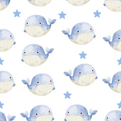 Cute Whale Seamless Pattern on white background illustration