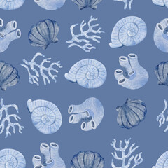 Shellfish and Coral Seamless Pattern on blue gray background illustration
