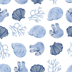 Shellfish and Coral Seamless Pattern on white background illustration