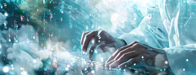 Hands typing on keyboards with digital data streams. Digital twin technology concept