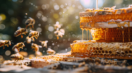 Freshly harvested honeycomb with flowing honey with bees flying by. - obrazy, fototapety, plakaty