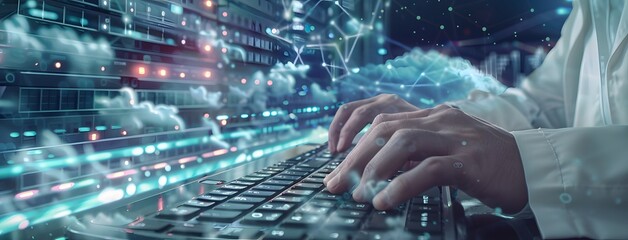 Digital twin technology for data center management. Hands typing on keyboards