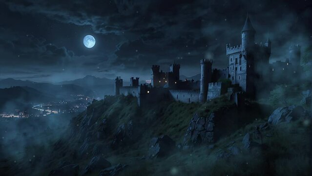 Behold the spectral grandeur of an old castle rising from the fog on a moonlit night, its ancient walls echoing with whispers of the past in this haunting 4K looping video
