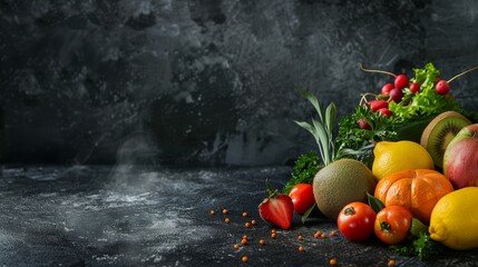 Vibrant Fresh Fruits and Vegetables on Dark Surface - obrazy, fototapety, plakaty
