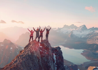 A group of friends are celebrating on the top of an alpine mountain, overlooking vast landscapes and lakes at sunrise - obrazy, fototapety, plakaty