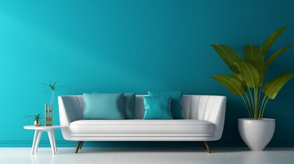 A stylish interior arrangement featuring a pristine white sofa against a bold teal 3D wall, offering a modern and chic ambiance.