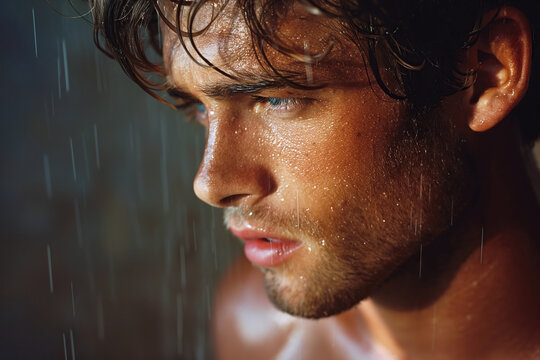 face of muscular sexy handsome man in the shower after a workout