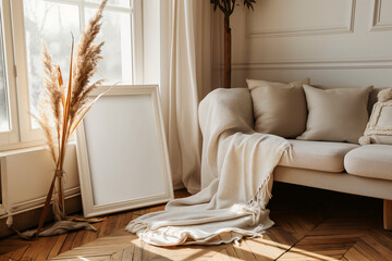One white blank frame mockup leaning against a sofa on the floor, with warm colors, light and shadow
