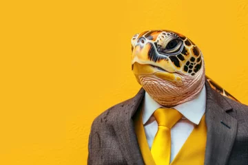Fotobehang A sea turtle looking dignified in a brown business suit and yellow tie, against a yellow background. © evgenia_lo