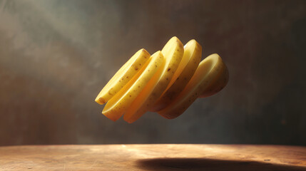 Levitating Sliced potato , with subtle studio lighting enhancing its ethereal beauty