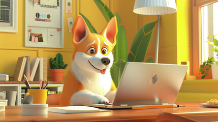 cute cartoonish dog with a laptop in study room 
