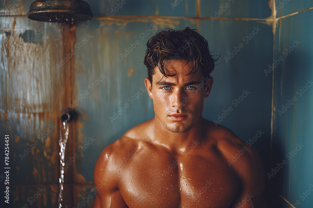 Wall mural Portrait of muscular sexy handsome young man in shower after workout