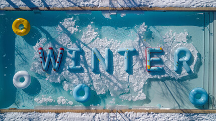 Winter season background with iced water with winter word written with blue inflatable pool floats