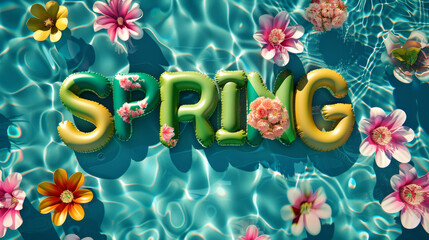 Spring season background with swimming pool water with spring word written with green inflatable pool floats on blue water and flowers