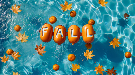 Fall season background with swimming pool water with fall word written with orange inflatable pool floats on blue water and autumn leaves - obrazy, fototapety, plakaty