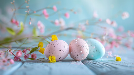Elegant Easter card showcasing a nest filled with an assortment of colorful eggs in light pastel shades. The eggs are delicately speckled, resembling a natural, subtle texture 