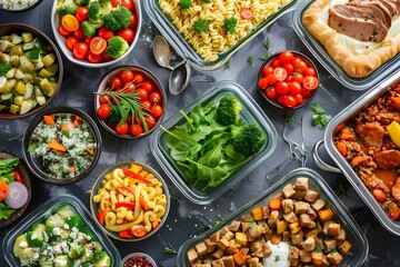 Catering and meal view from above, healthy food in plastic containers with various dishes of pasta salad, vegetables. Ai generated