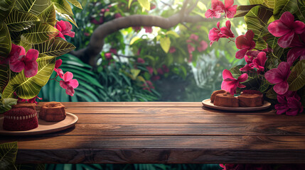 a mockup wooden table with empty podium for place product, a plate of cakes, a background of bright bamboo leafs and Sakura surrounding, 