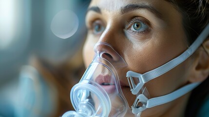 Portrait of a patient of asthma laying in bed and asthma COPD breath nebulizer and mask given by doctor with an empty space for text, Generative AI. - obrazy, fototapety, plakaty