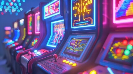 Colorful vintage arcade game machines.
