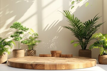 Beautiful round wooden empty podium  for product stage, mockup product display