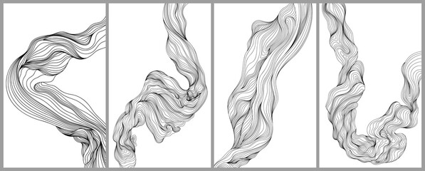 Set of monochrome abstract wavy lines hand drawn. Smoke illustration. Abstract hair.