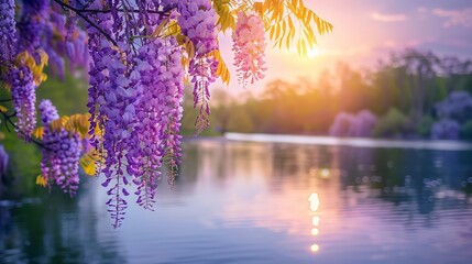 Close shot of purple blooming wisteria flower near lake with a big space for text or product advertisement and a blurry backdrop, Generative AI.