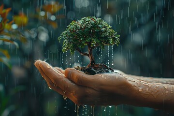 Raindrops are tiny fall over a fuzzy, dark backdrop of nature while an individuals holds a delicate green plant in their palm and space, Generative AI.