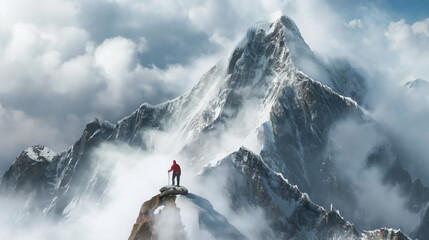 High mountain peak piercing through clouds, climber in red reaching the summit, panoramic view of surrounding peaks - obrazy, fototapety, plakaty