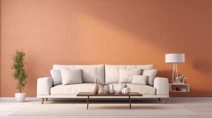 A stylish interior design featuring a pristine white sofa against a muted peach 3D wall, adding a touch of warmth and elegance to the space.