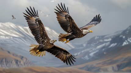 Obraz premium Majestic Eagles Soaring Through Rugged Mountain Landscape in Aerial Display of Freedom and Competition