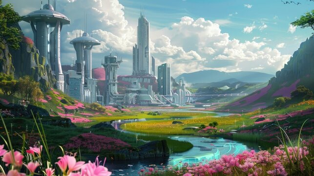 Future city images, spring background, colorful flowers, and river, futuristic landscape city background, High tech building, 