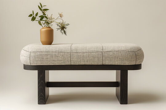 Elegant minimalist bench with soft upholstery and a stylish vase with flowers
