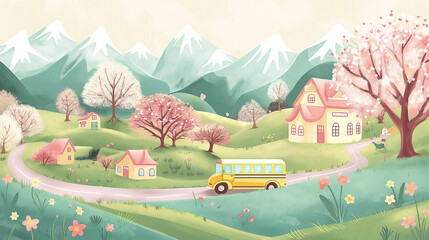 A whimsical vector illustration of an idyllic Spring landscape with snow-covered mountains, small villages in the distance, and Sakura trees dotting the scene