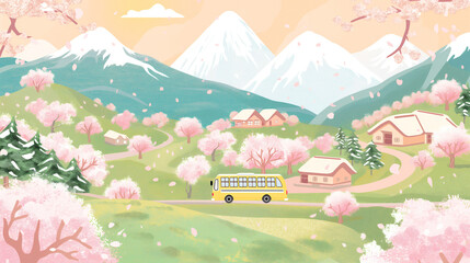 Naklejka premium A whimsical vector illustration of an idyllic Spring landscape with snow-covered mountains, small villages in the distance, and Sakura trees dotting the scene