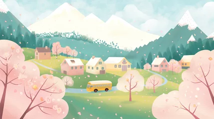 Deurstickers A whimsical vector illustration of an idyllic Spring landscape with snow-covered mountains, small villages in the distance, and Sakura trees dotting the scene © Jirut