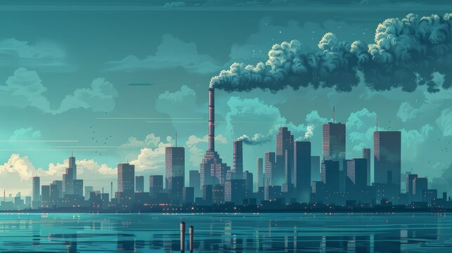 Climate Change: A 3D vector illustration of a city skyline with smokestacks emitting pollution
