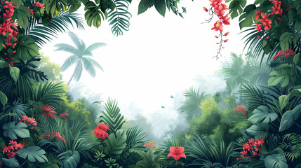 Obraz na płótnie Canvas tropical frame illustration. leaves and flowers on a white background