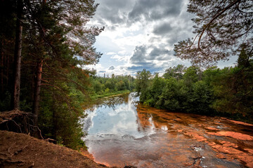 A shallow river flows among the taiga forest on a cloudy day