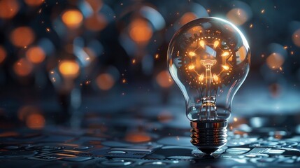 Creativity and Design: A 3D vector illustration of a lightbulb with gears and a computer chip inside - obrazy, fototapety, plakaty