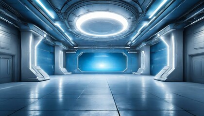 Blue Horizon: Crafting an Empty Light Blue Studio Room with Futuristic Sci-Fi Vibes and a Spacious, Illuminated Design"