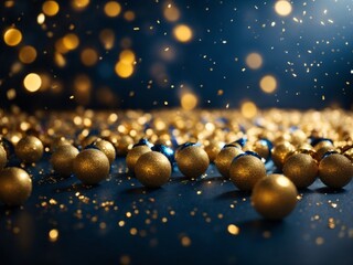 Gold glitter resting on a dark blue background. The glitter sparkles brightly, catching the light - obrazy, fototapety, plakaty