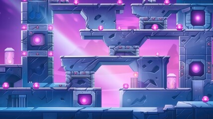 2d game background vibrant futuristic cityscape with illuminated structures against a serene, purple sky