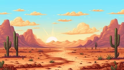 Zelfklevend Fotobehang cartoon desert landscape with cacti and rocky formations under a clear sky © chesleatsz