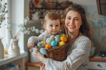 Fototapeta na wymiar Joyful Easter Moments: A Young Mother and Child with a Basket of Decorated Eggs by the Window
