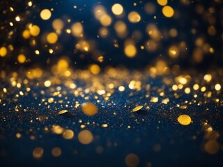 Gold glitter resting on a dark blue background. The glitter sparkles brightly, catching the light - obrazy, fototapety, plakaty