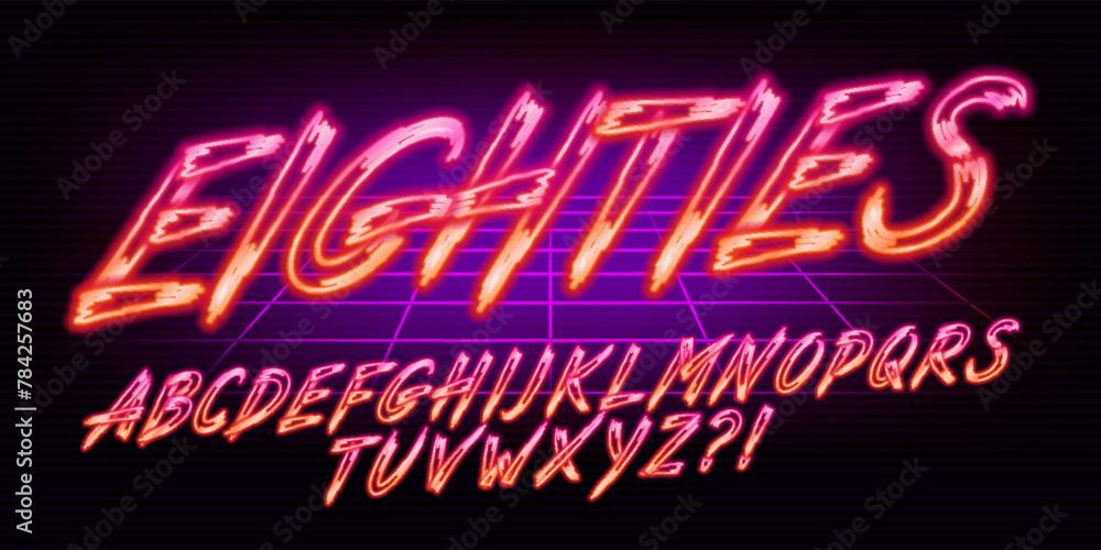 Poster eighties alphabet font. glowing neon script letters and numbers. stock vector typescript for your de