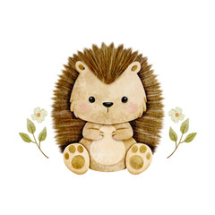 Vector cartoon watercolor of woodland animal with Hedgehog sitting in leave and flower wreath for Baby Nursery Decor