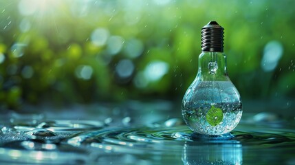 Energy Efficiency: A 3D vector illustration of a lightbulb with a water droplet next to it