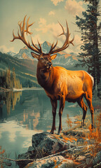 Bull Elk Animal Art Portrait Forest Mountain Lake Autumn Scenery Illustration 